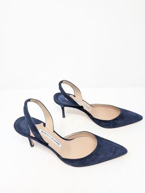 Manolo Blahnik Carolyne Blue Suede Slingback Pumps Heels Size 36.5